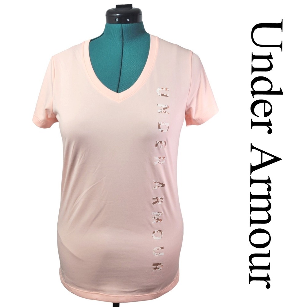 Under Armour Womens HeatGear V-Neck Graphic‎ T-Shirt Peach Pink Medium